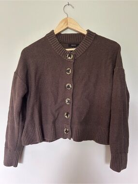 Quince Brown Ribbed Trim Button-Front Cardigan